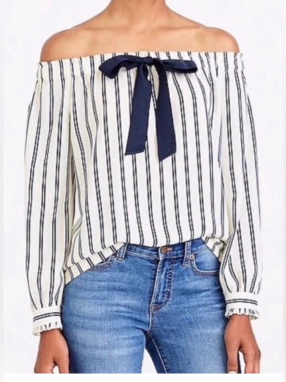 J. Crew White Off-Shoulder Blouse with Black Stripes and Navy Bow